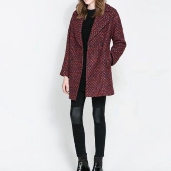 Zara Basic Tweed Boucle Boyfriend Plaid Pea Coat - Picture 4 of 16